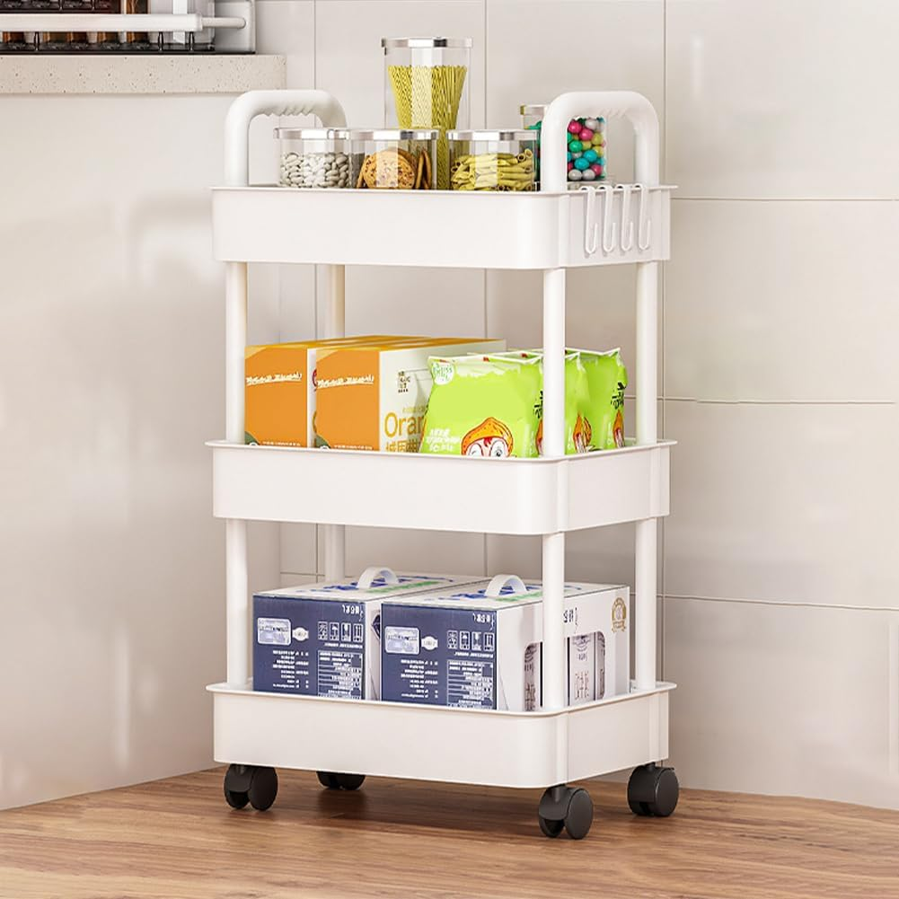 3-Tier Rolling Utility Cart with Lockable Wheels, White Multi-Purpose Storage Organizer with Handle Anf Easy Assembly, for Kitchen, Office, Nursery, Living Room, White image number 2
