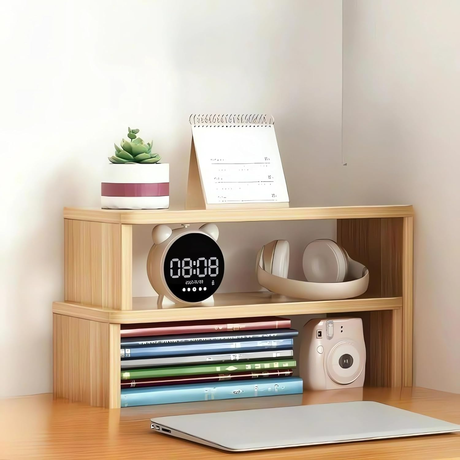 Desktop Organizer Rack, Office Desk Storage Shelf, Wooden Bookshelve, Desktop Bookcase Wood Bookshelf AA68 (Wood, 60X12X24CM)