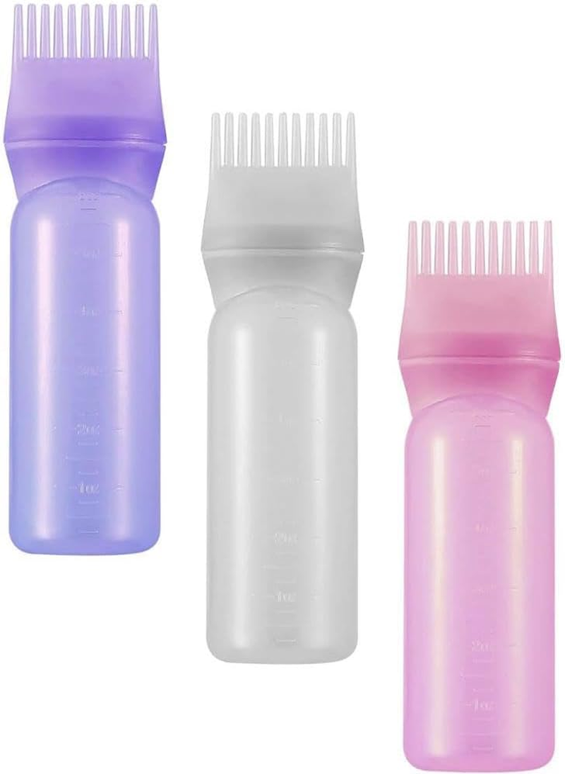 AUEAR, 3 Pack Root Comb Applicator Bottle 6 Oz Hair Coloring Dye Salon Care Plastic Squeeze with Graduated Scale