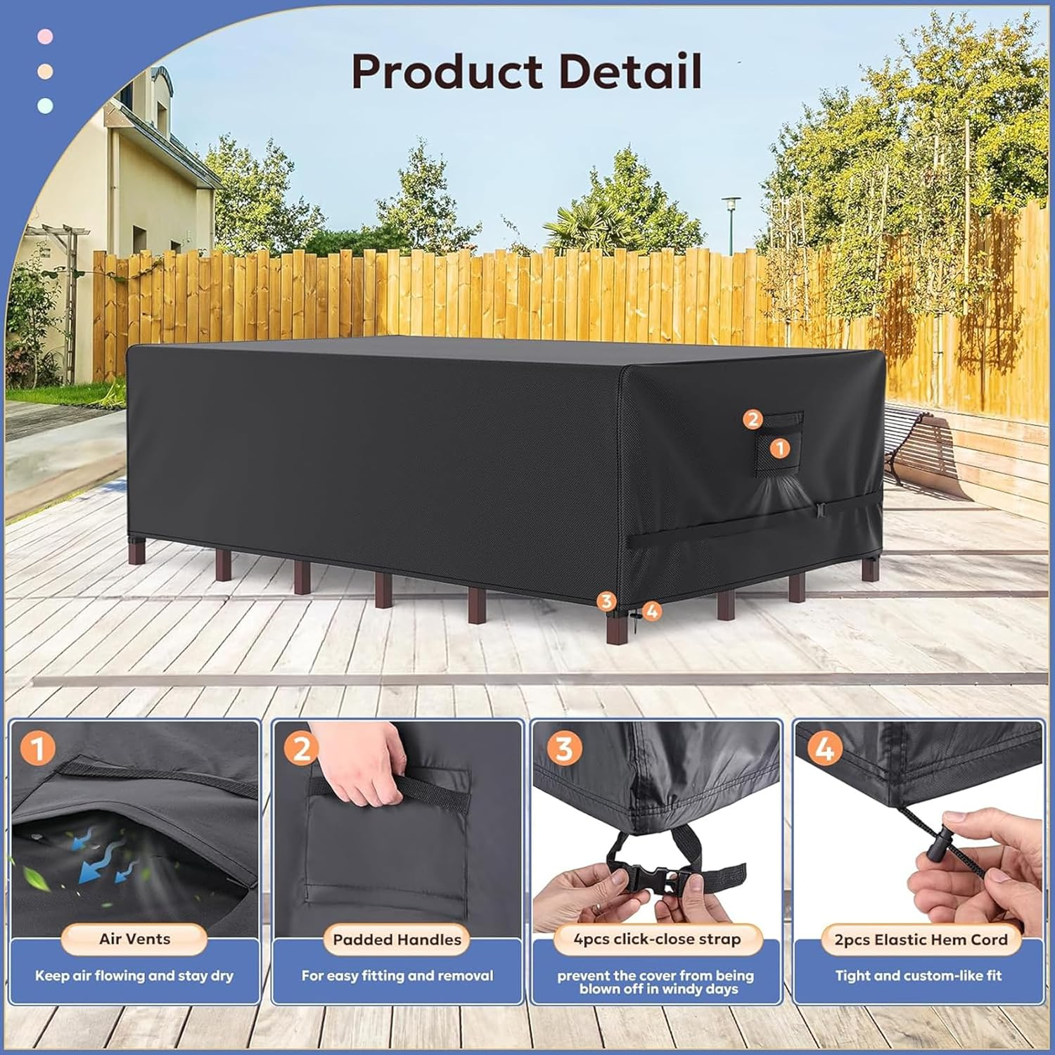 Patio Furniture Covers, Outdoor Waterproof Cover for Table, Chair, Sofa, Desk, 225 * 155 * 70Cm Black image number 6