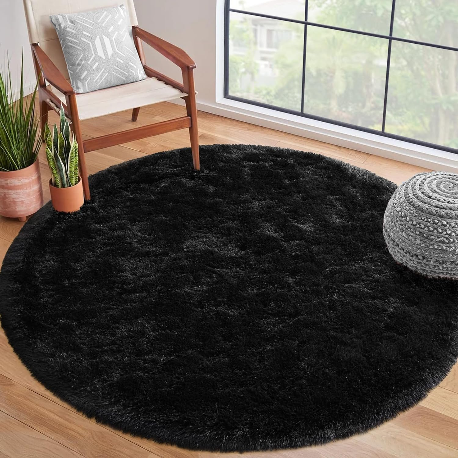 Terrug round Rugs for Living Room Bedroom, 5X5 Feet Modern Fluffy Shag Washable Area Rug, Non-Slip Cute Plush Circle Rug Carpet for Nursery Room Kids Boys Girls Dorm Home Decor, Pink