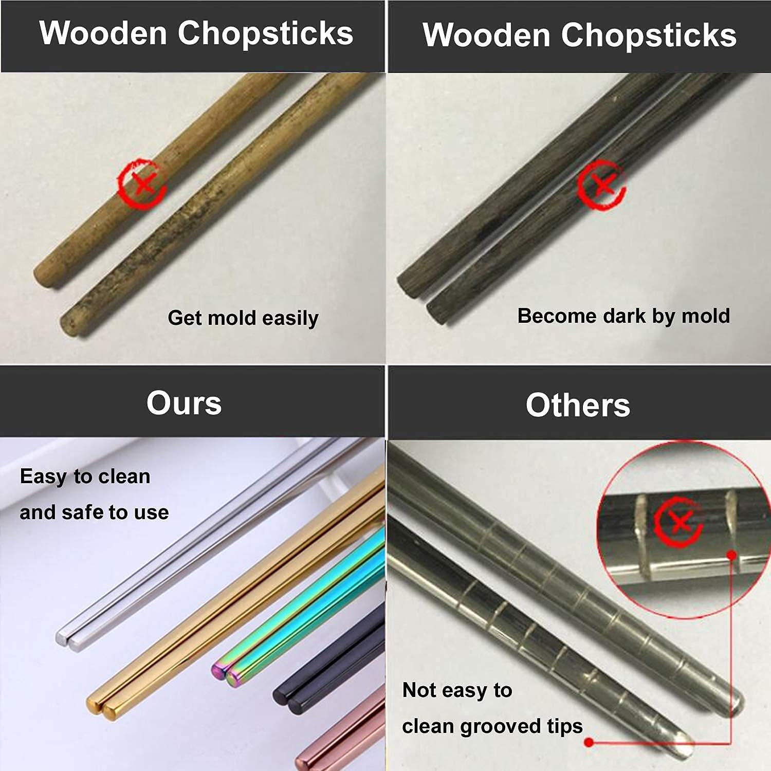Stainless Steel Chopsticks - 5 Pairs Multicolor Reusable Dishwasher Safe Metal Chopstick - Lightweight Non-Slip 304 Stainless Steel Chop Sticks - Easy to Use and Clean (No Color Fading) image number 6