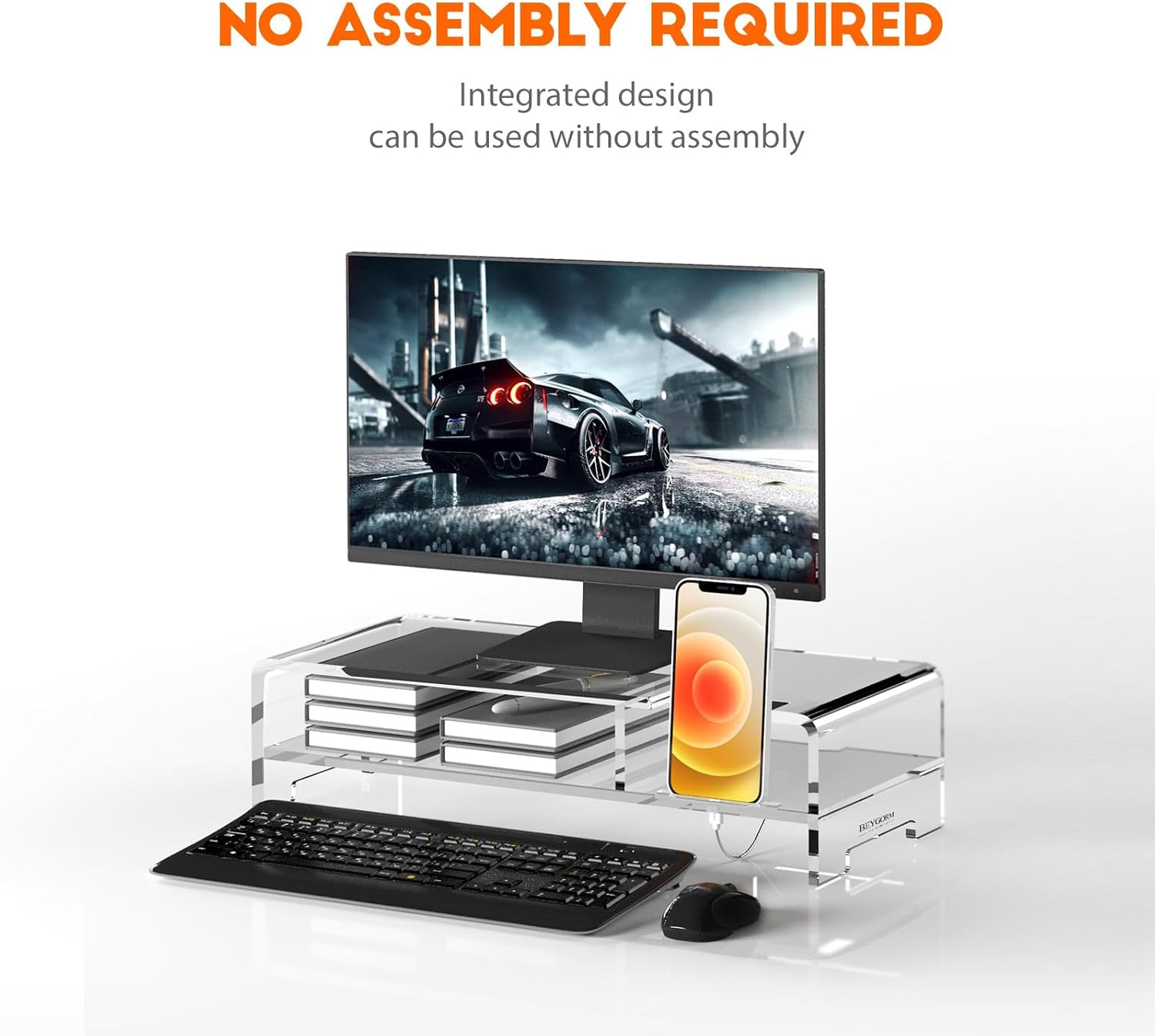 BEYGORM Acrylic Monitor Stand Riser, Wide 20", 2 Tier Computer with Storage, Desk Organizer Desktop Printer Laptop Storage Shelf Screen Holder Phone Holder(Clear) image number 3