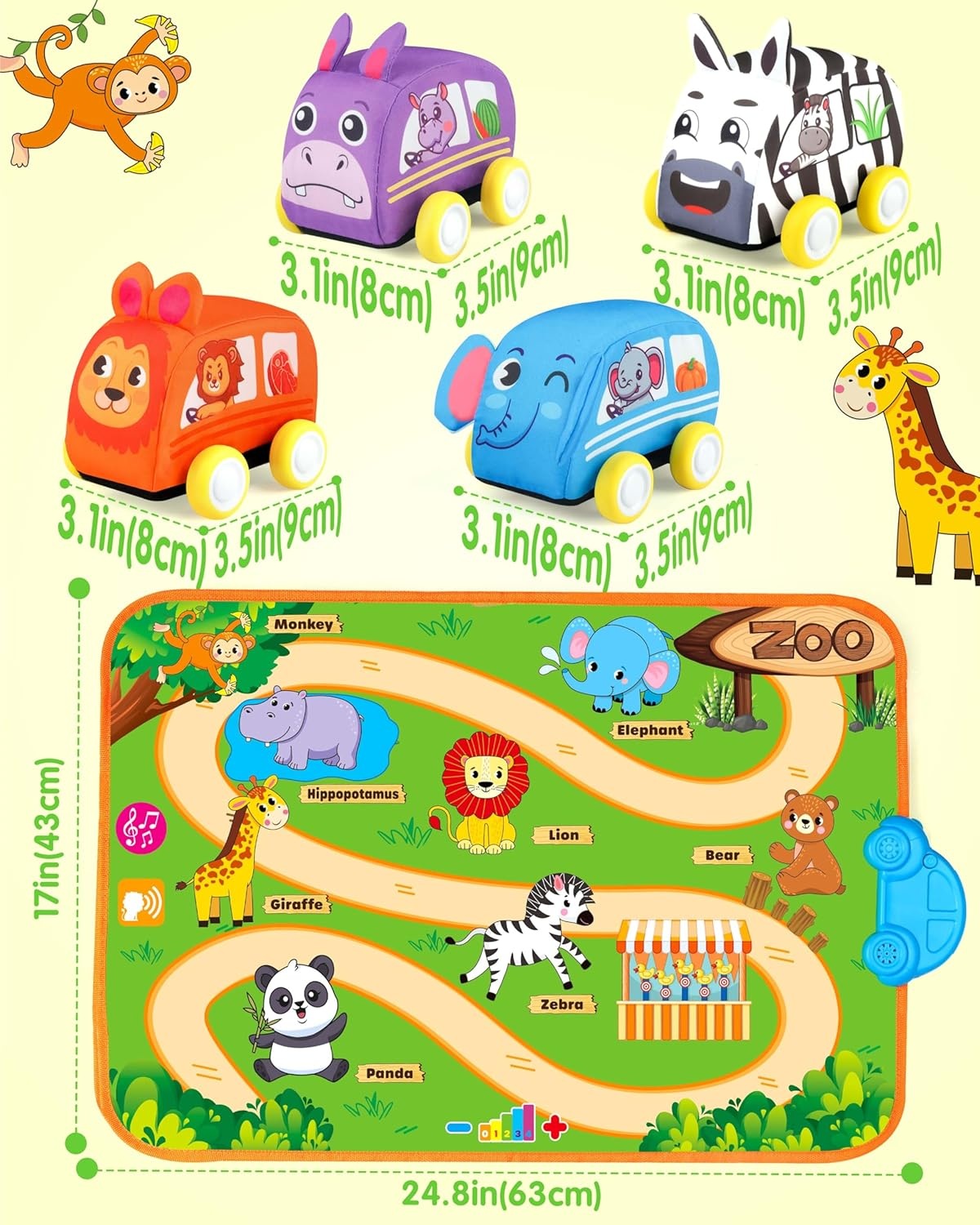 Vanmor Kids Pull-Back Cars Set - 2 in 1 Baby Toy Set with 4 Animal Vehicle and Musical Mat Carrying Bag-Kid Toy Cars for 12M+ Infant, Soft Toys for Babies and Toddlers image number 2