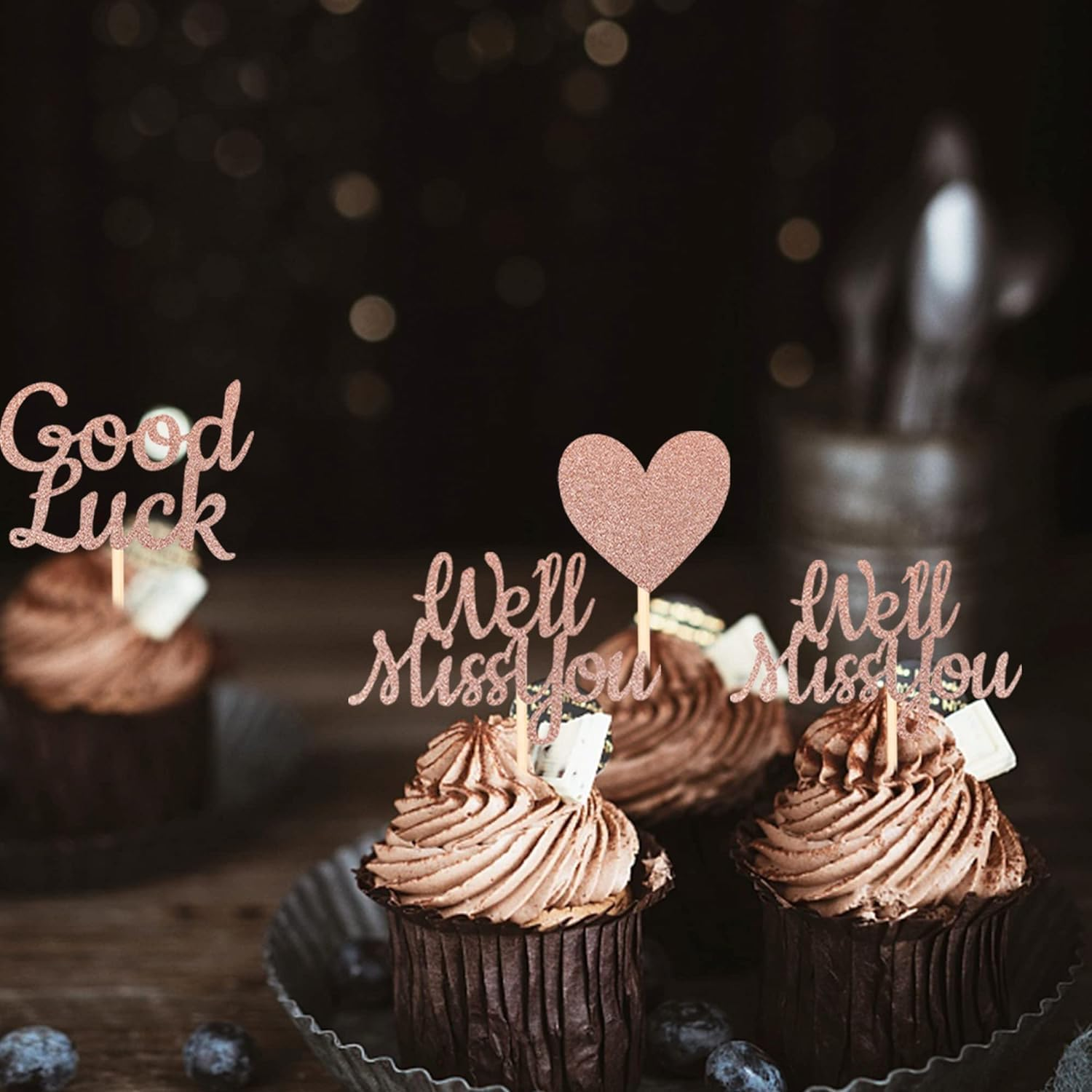 24 Pack We Will Miss You Cupcake Toppers Glitter Red Love Heart Good Luck Cupcake Picks Retirement Theme Going Away Party Cake Decorations (Rose Gold) image number 5