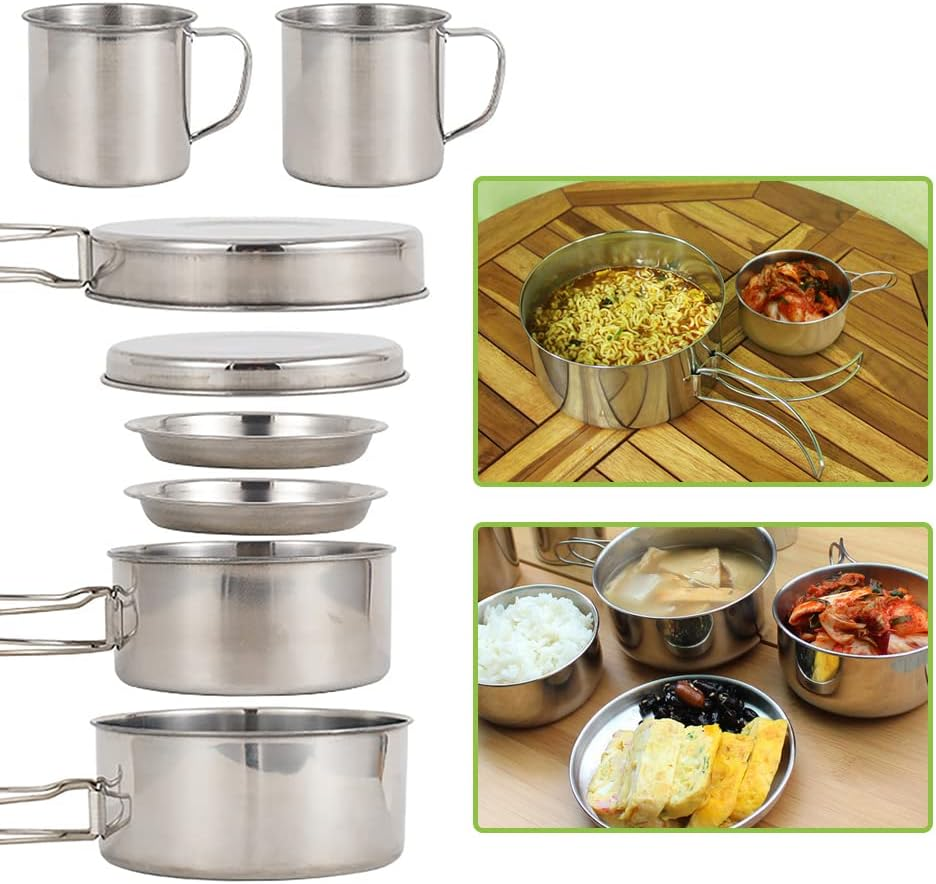 Camping Cookware Mess Kit 8PCS Stainless Steel Cooking Pot and Pan Set with Plates Cups for Outdoor Camping Hiking Backpacking image number 3