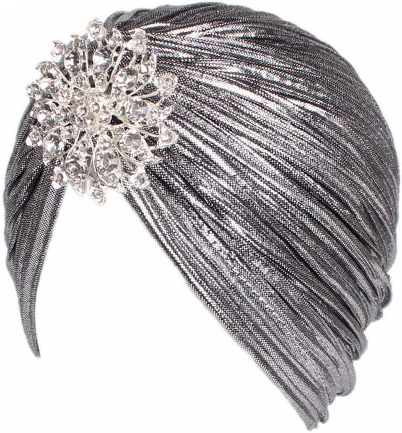 Women Vintage Turban Hat with Rhinestones Flower Decoration Beanie Cap Headwrap for 1920S Gatsby Costume Cocktail Party - Black image number 4