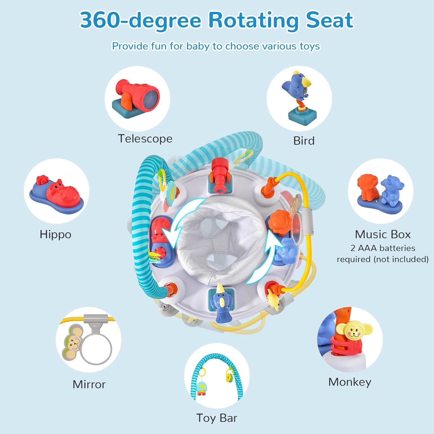 INFANS Baby Bouncer Activity Center, 5 in 1 Toddler Bouncing Activity Saucer Playtime Mat Activity Table with 360&deg;Rotating Seat, 3 Adjustable Height, Foldable Exersaucer Learning Walker (Light Grey) - Light Pink image number 4