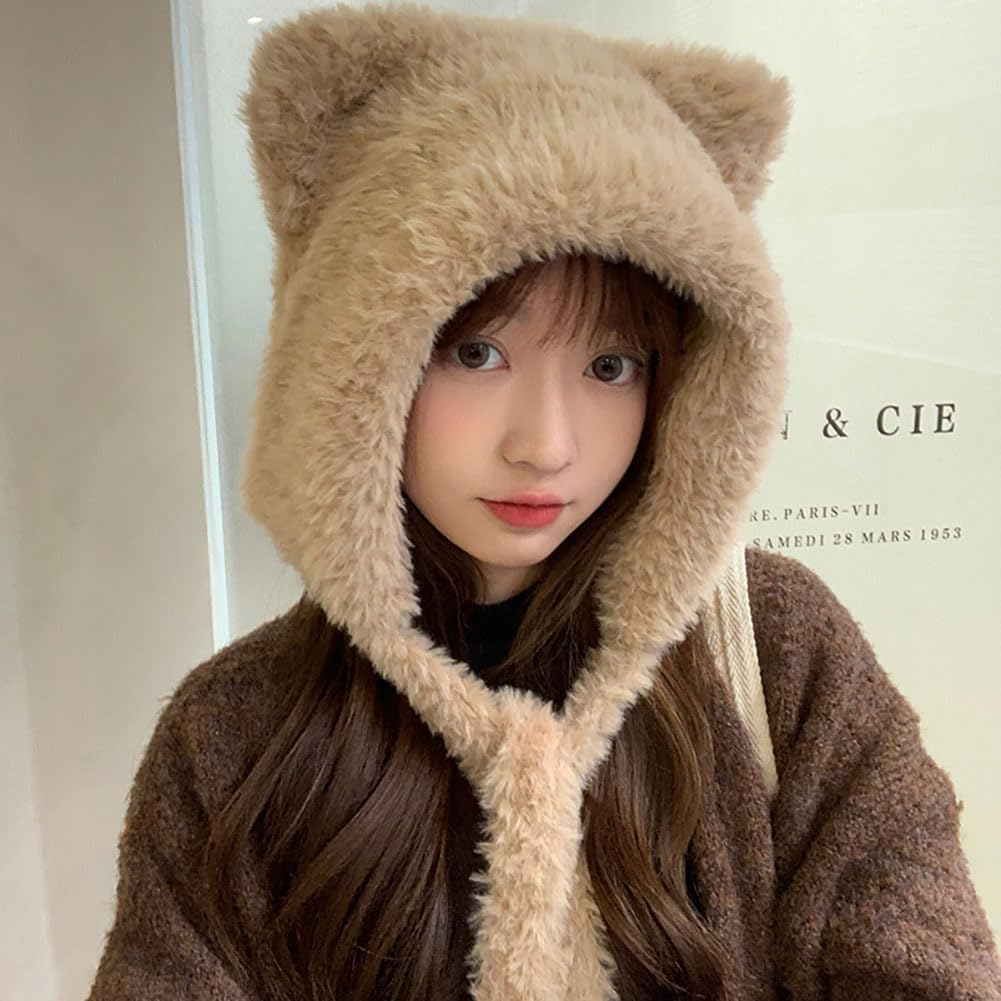 Women Winter Beanie Hats Knit Ear Flaps Cute Stuffed Bear Ears Fleece Lined Fluffy Ski Snow Hat - Khaki image number 4