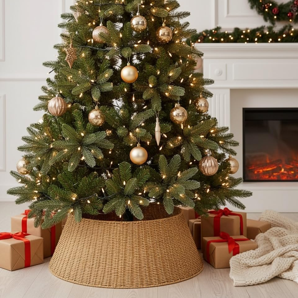 Farmhouse Christmas Tree Collar - Rustic Holiday Decoration - Natural Woven - Base Cover for Christmas Tree - Tree Skirt - Tree Ring image number 2