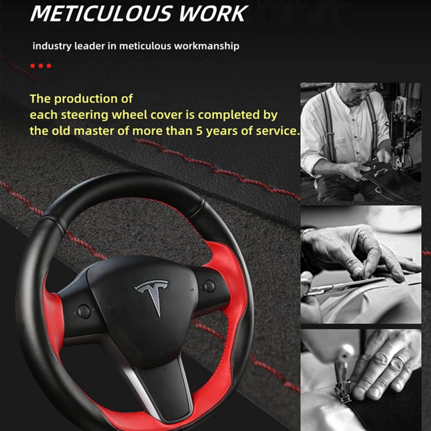 Tesla Steering Wheel Cover Microfiber Leather Hand-Stitched for Tesla Model 3/Model Y (Black-Black) image number 1