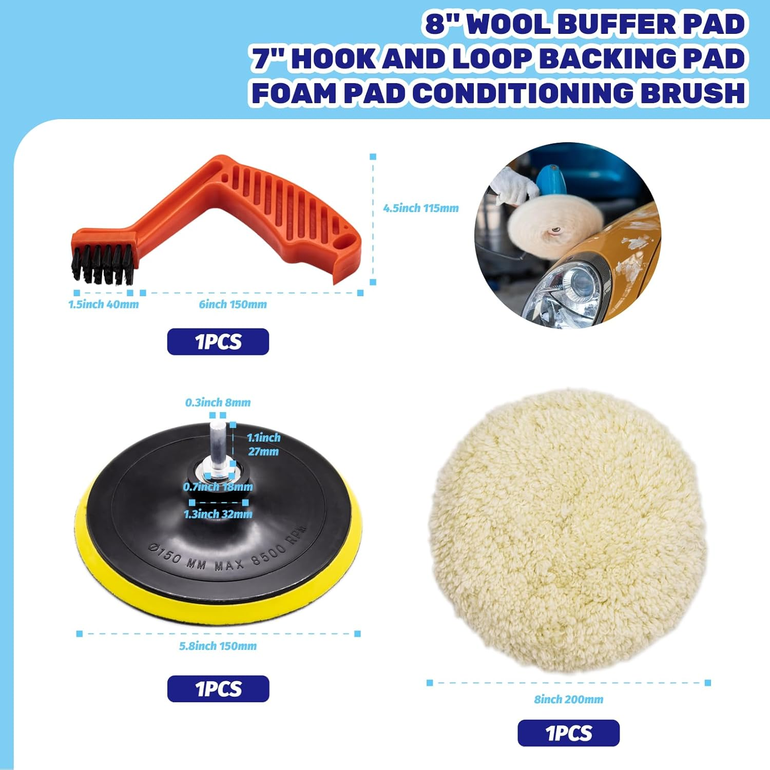 3Pcs 8" Wool Buffer Pad and 7" Hook and Loop Flexible Edge Polishing Backing Pad with Foam Buffing Pad Conditioning Brush for Compound Cutting Polishing and Automotive Car Detailing image number 1