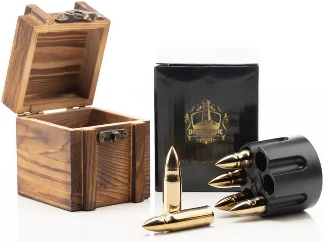 Don Vassie XL Whisky Bullet Chillers 6 Pcs Golden with a Revolver Base and a Wooden Box image number 2