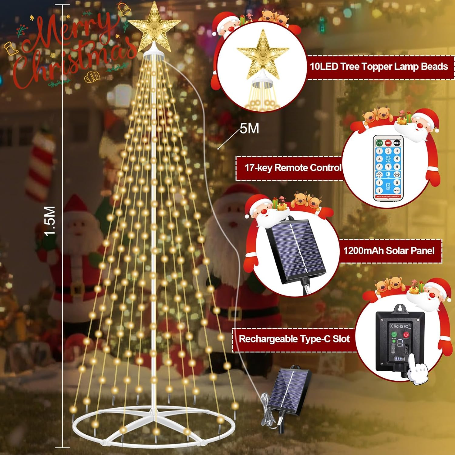 1.5M Solar Christmas Tree String Light, 202 LED Christmas Fairy Light, String Lights Decoration Indoor Outdoor with 8 Flash Modes for Porch Yard Patio Outdoor Xmas Holiday Decor image number 3