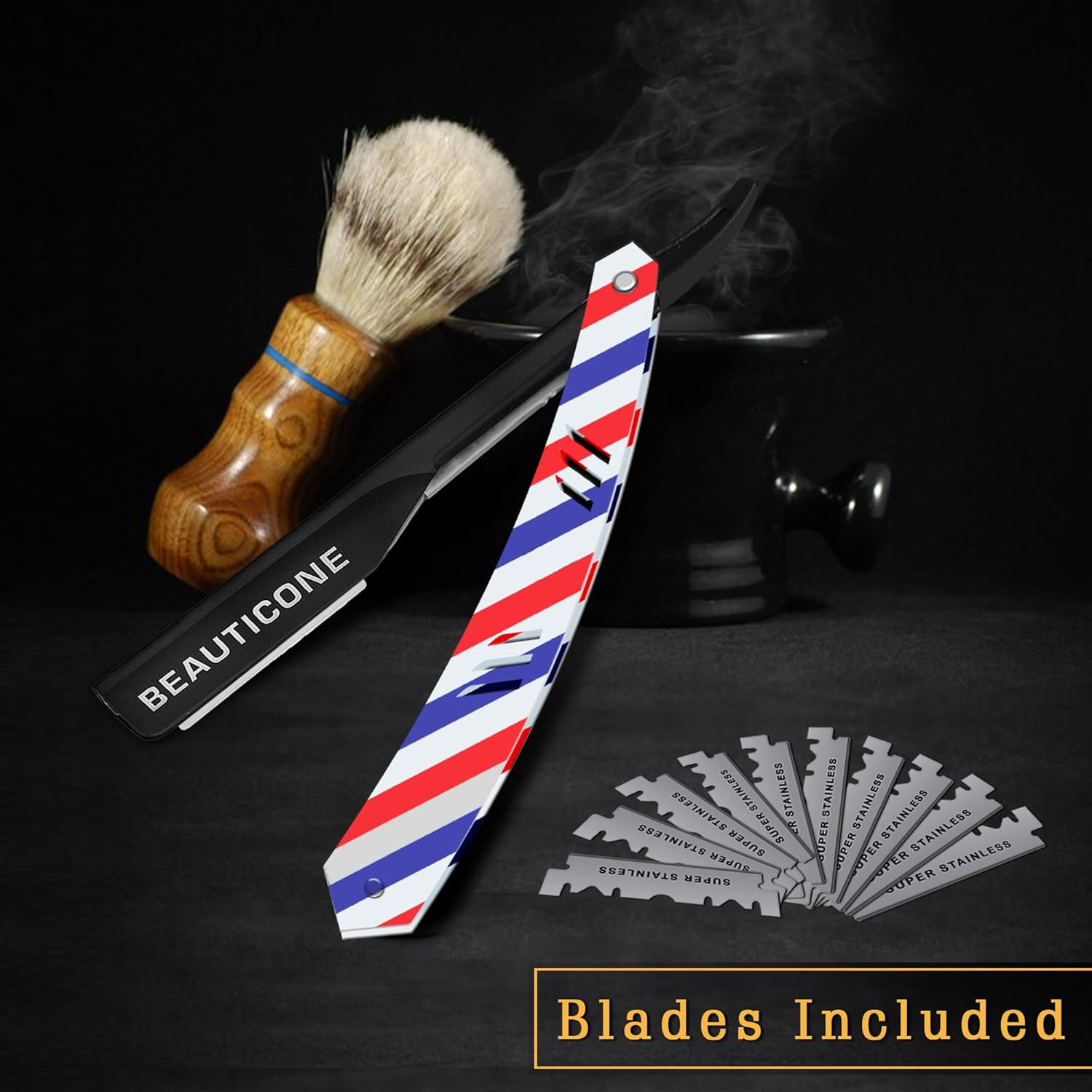 BEAUTICONE Professional Straight Razor for Men with 100 Single Edge Blades | Slide-Out Design (Barber Pole) image number 5