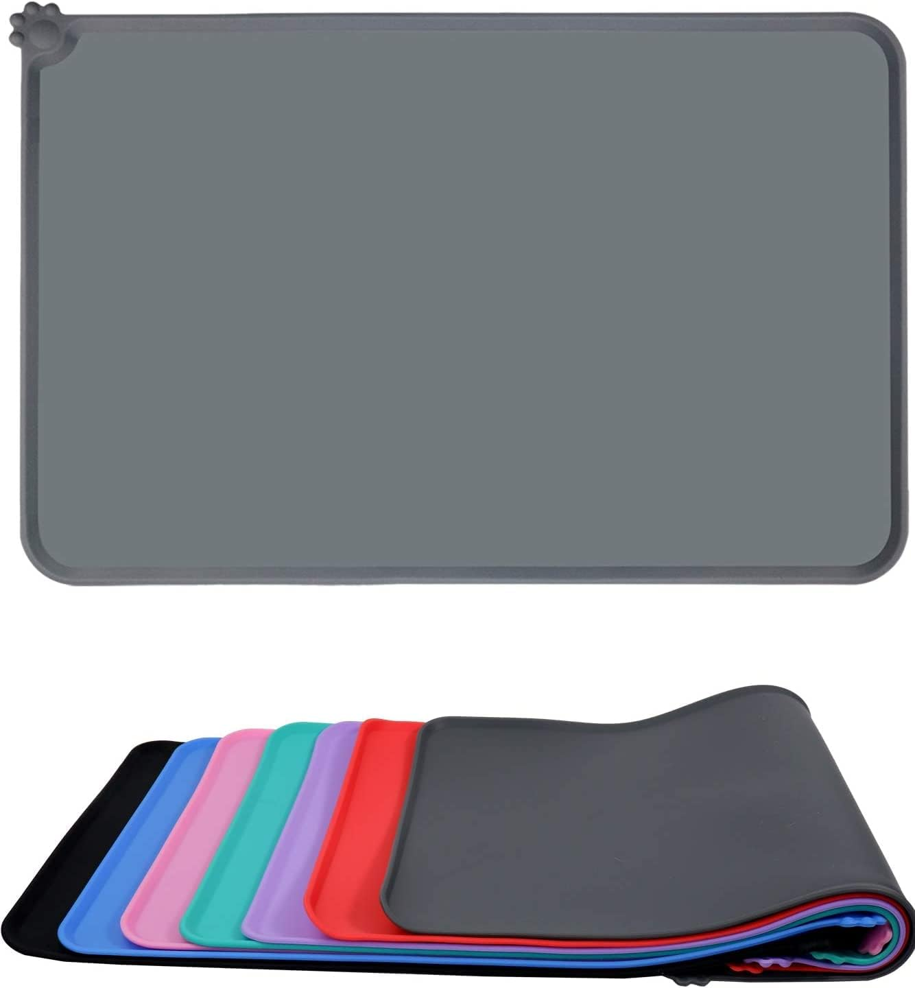 Taglory Bowl Mat for Dogs and Cats, Waterproof and Non-Slip Silicone Feeding Mat, 53 X 37 Cm, Grey