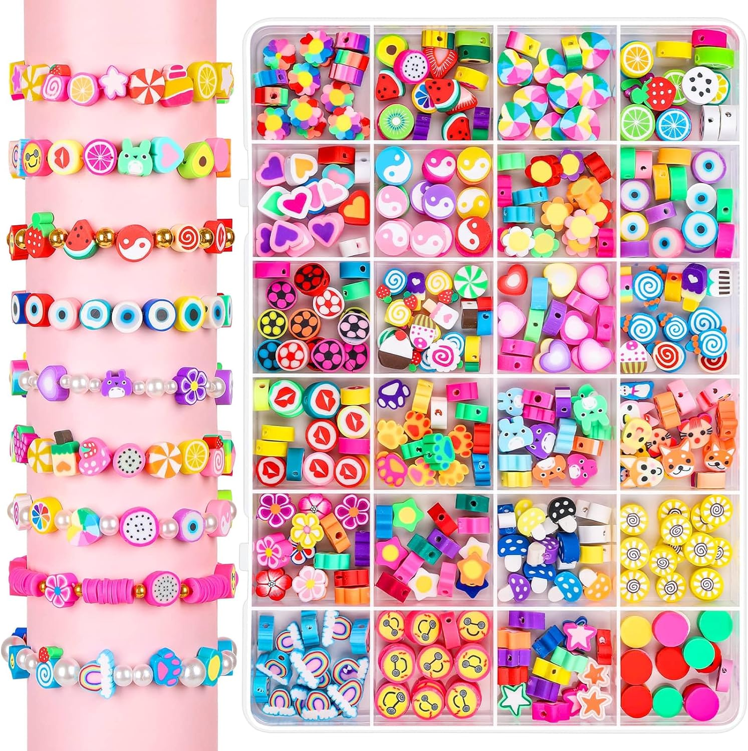 Thrilez 480 Pcs Fruit Flower Polymer Clay Beads, 24 Styles Clay Bead Charms for Bracelets Making, Jewelry Making, Necklace and Earring with Elastic String image number 3
