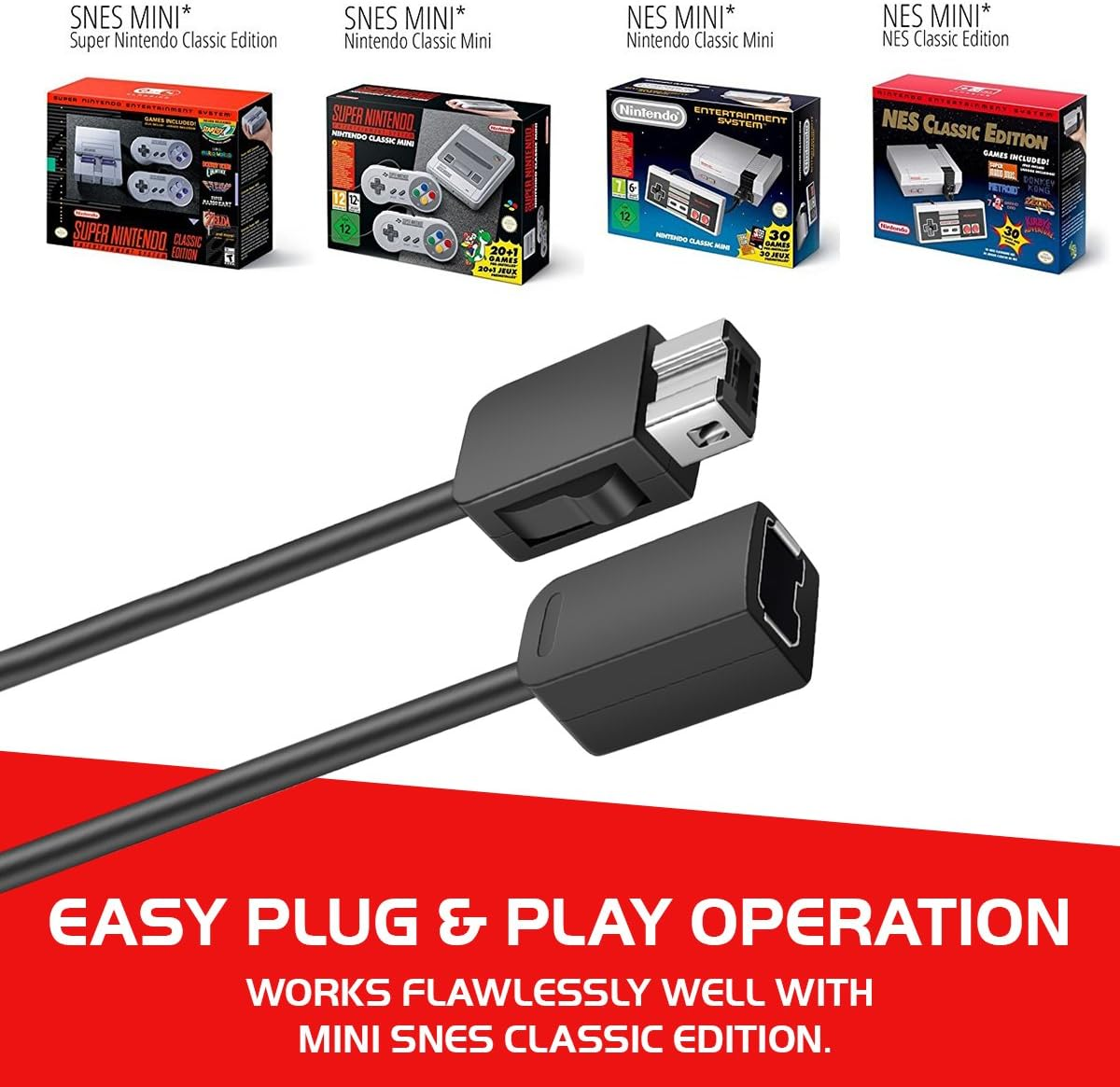 SNES Classic Controller Extension Cable 3M / 10Ft (2-PACK) I-Kawachi SNES Extension Power Cord for Super Nintendo SNES Classic Edition Controller (2017) and Mini NES Classic Edition (2016)