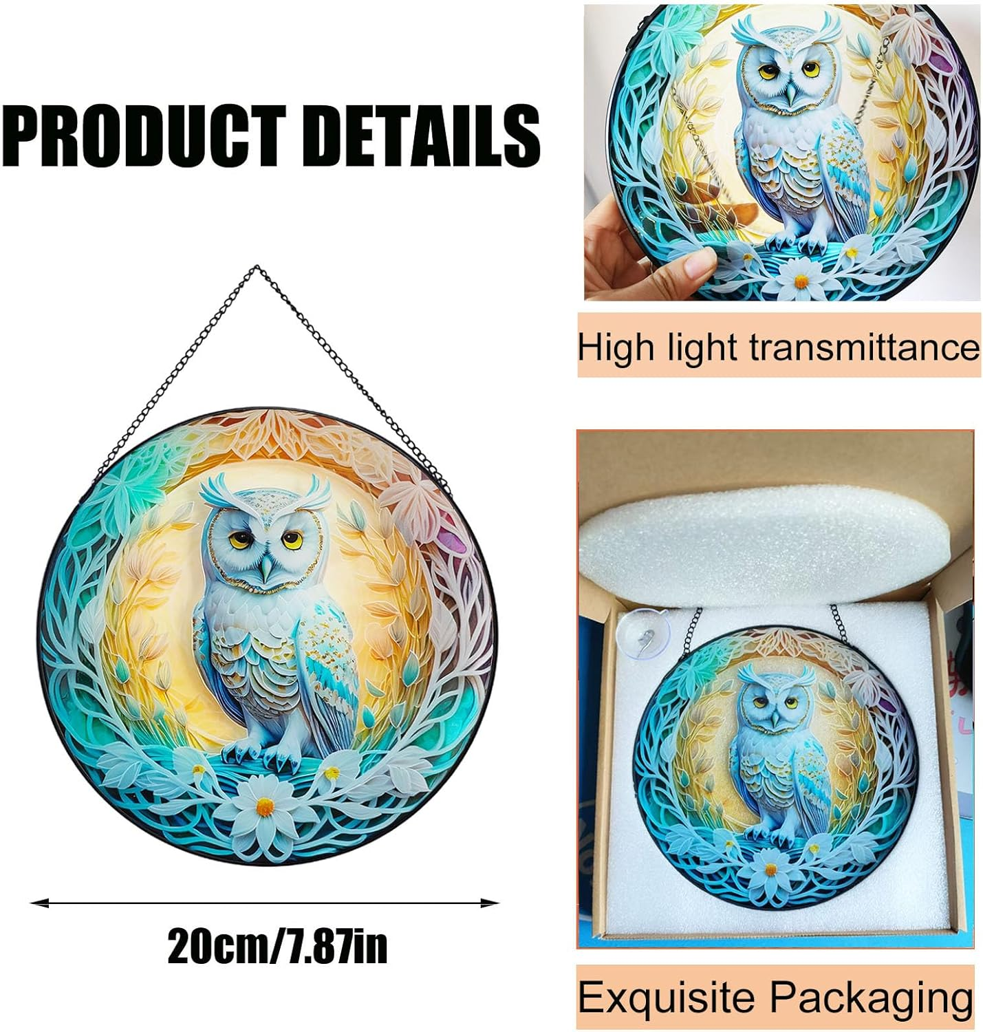 Owl Stained Glass Window Hanging,Colored Suncatchers, Christmas Ornaments,Suncatcher Gifts for Owl Lovers Decor for Home Garden (Style C) - Style C image number 6