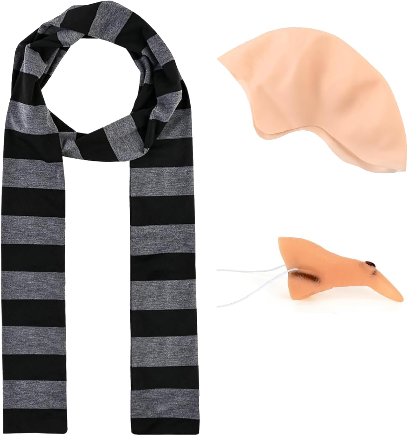 3 Pcs Black Gray Striped Scarf Fake Witch Nose Bald Head Cap for Adults Men Halloween Party Costume Dress Up, Multi, One Size image number 5