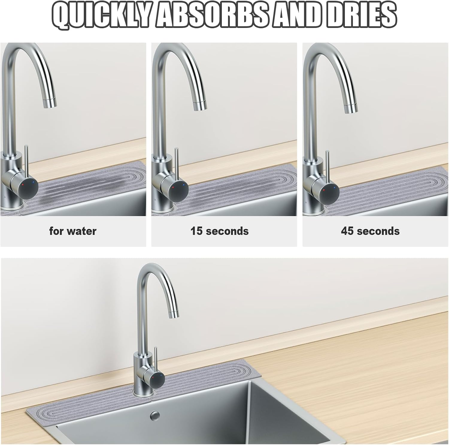 Kitchen Sink Faucet Mat, Square Edges 24 "Long Diatomaceous Earth Quick Drying Stone Tray Super Absorbent Build-Up Bathroom Diatom Mud Instant Water Absorbing Counter Faucet Splash Guard (Light Gray)