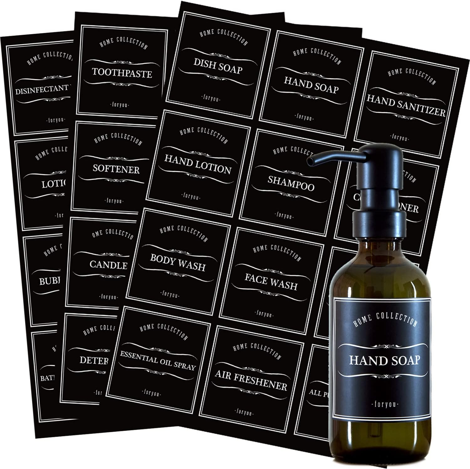 36 PCS Printed Label Stickers for Bottles, Prefdo Waterproof Minimalist Farmhouse Labels for Bathroom Kitchen Hand Soap Shampoo Conditioner Lotion Dispenser Bottles Containers(Black)