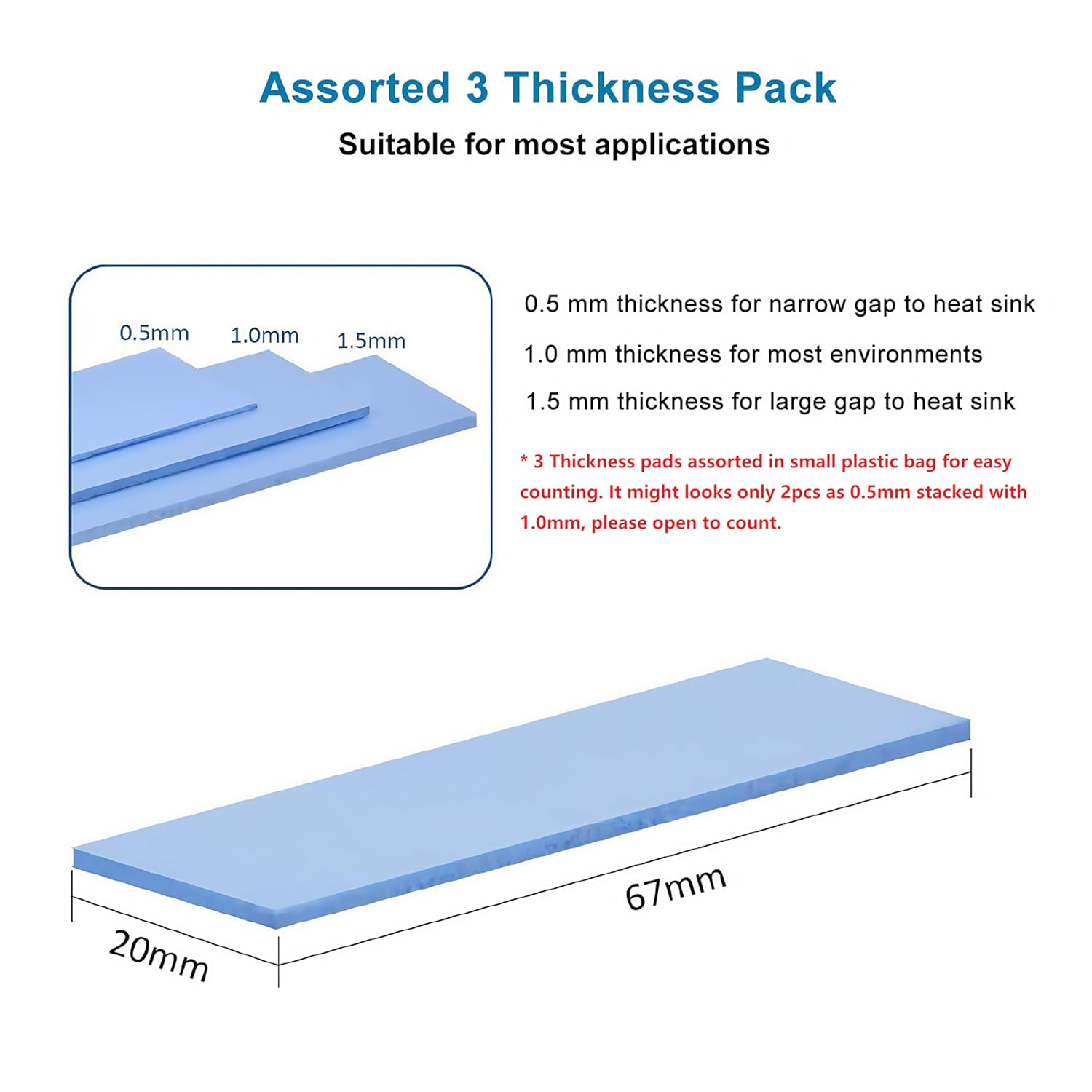 12 Pack Assorted Thickness 0.5 1.0 1.5 Mm Thermal Conductive Silicone Pads with 6.0 W/Mk Thermal Conductivity, Soft Safe Simple to Apply for SSD CPU GPU LED IC Chipset Cooling -Blue