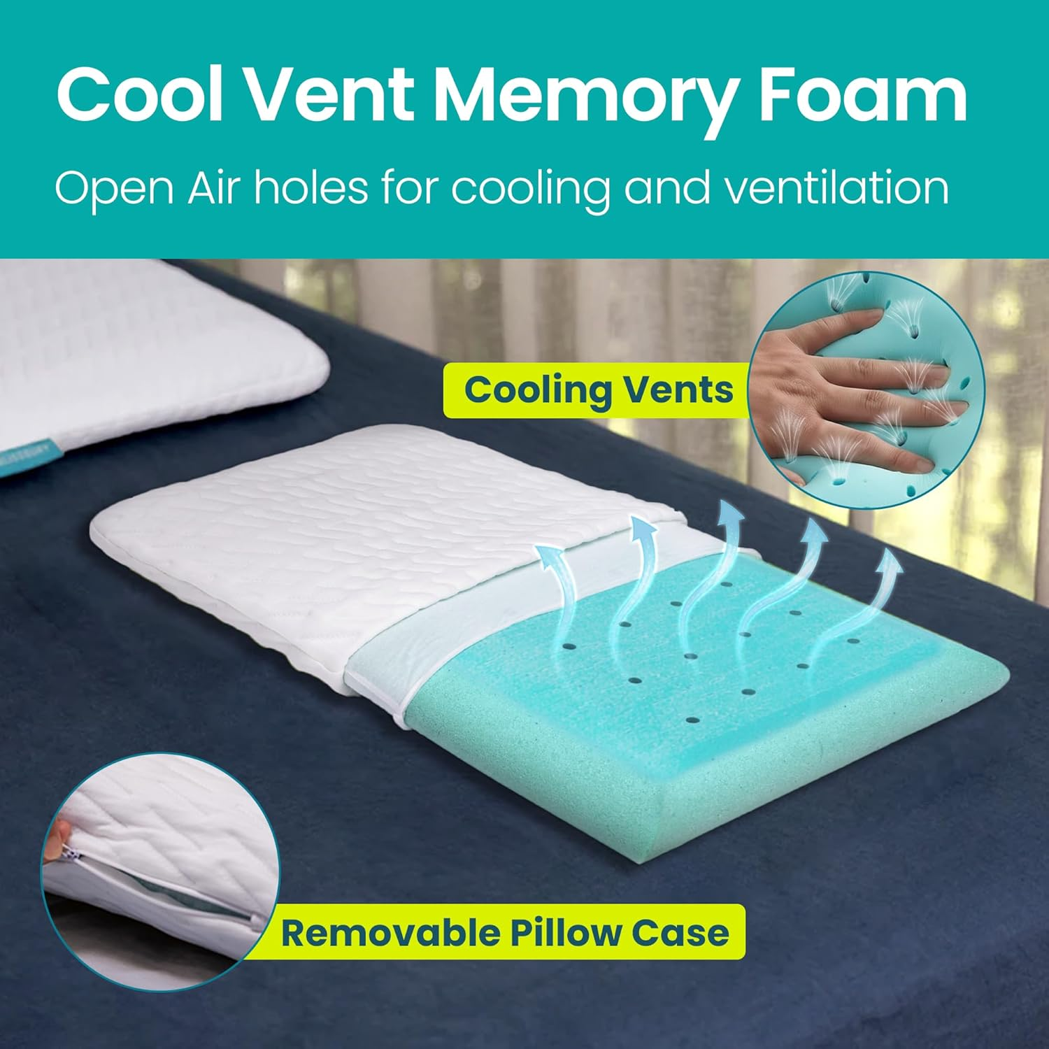 BLISSBURY 8.5Cm Cooling Super Thin Pillow for Sleeping | Flat Pillow for Stomach Sleeper & Back Sleeper | Cool-To-Touch Memory Foam Stomach Sleeping Pillow | Removable Cool-Tech Pillow Case image number 4