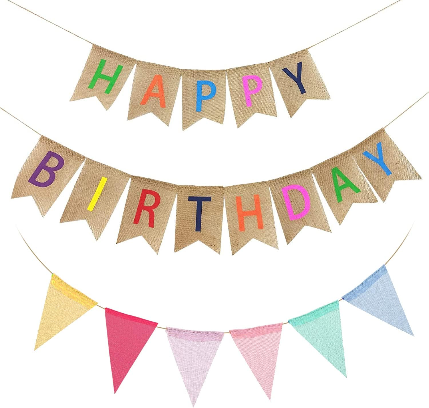 Esteopt Happy Birthday Garland, Bunting Banner, Multicolor, 2M X 2M, 3 Sets, Jute, Indoor/Outdoor, Perfect for Birthdays, Weddings, Baby Showers, Christmas