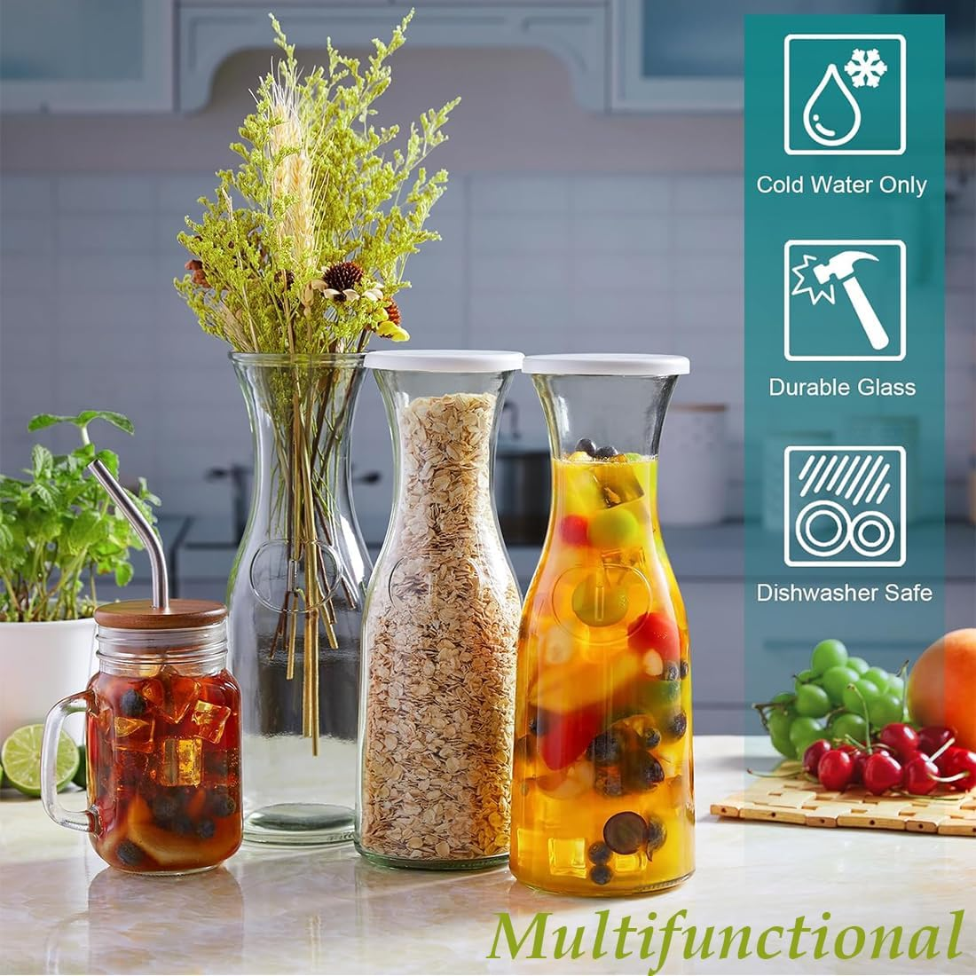 Set of 4 Glass Carafe with Lids, MUVKQC Glass Carafe Pitchers, 1 Liter Water Pitcher Carafe for Mimosa Bar, Brunch, Cold Water, Wine, Iced Tea, Lemonade, Beverage, 34OZ image number 4