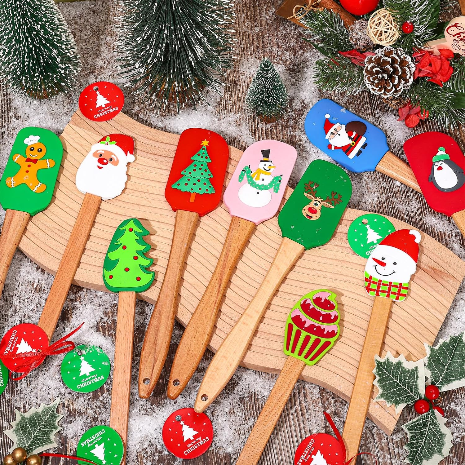 Whaline 10Pcs Christmas Silicone Spatula Xmas Tree Santa Spatula with Wooden Handle Xmas Snowman Dish Pan Scraper Cute Pancake Spatula with Tag & Ribbon for Kitchen Baking Mixing Cooking image number 1