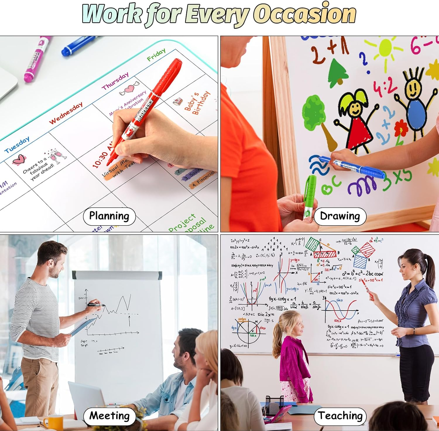 SUIN 9 Colour Low-Odour Whiteboard Markers - Slimline Pens, Medium Fine Tip Whiteborad Pens for Home, Work, School (Pack of 9) image number 4