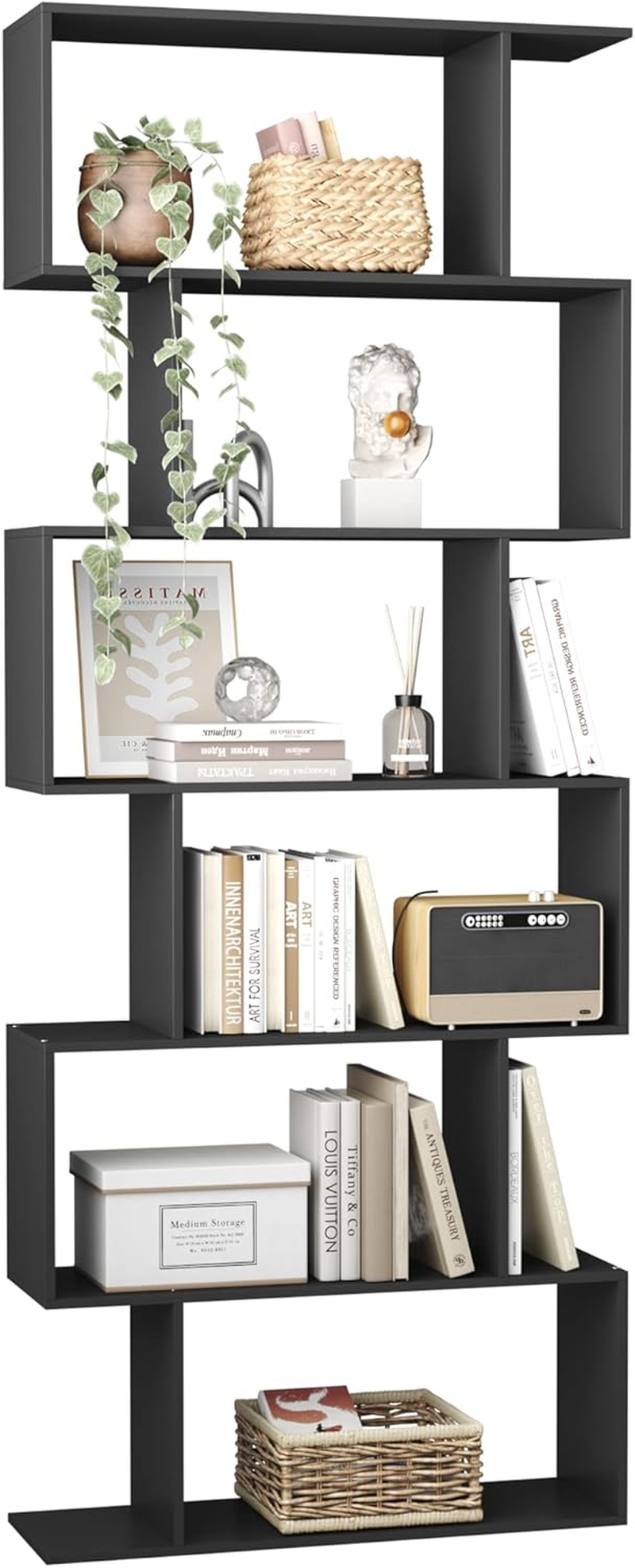 HOMEFORT 5-Tier S-Shaped Bookcase, Geometric Bookshelf for Living Room & Bedroom, Modern Wood & Metal Storage Shelf, Freestanding Display Shelves, Space-Saving Tall Book Shelf White and Black