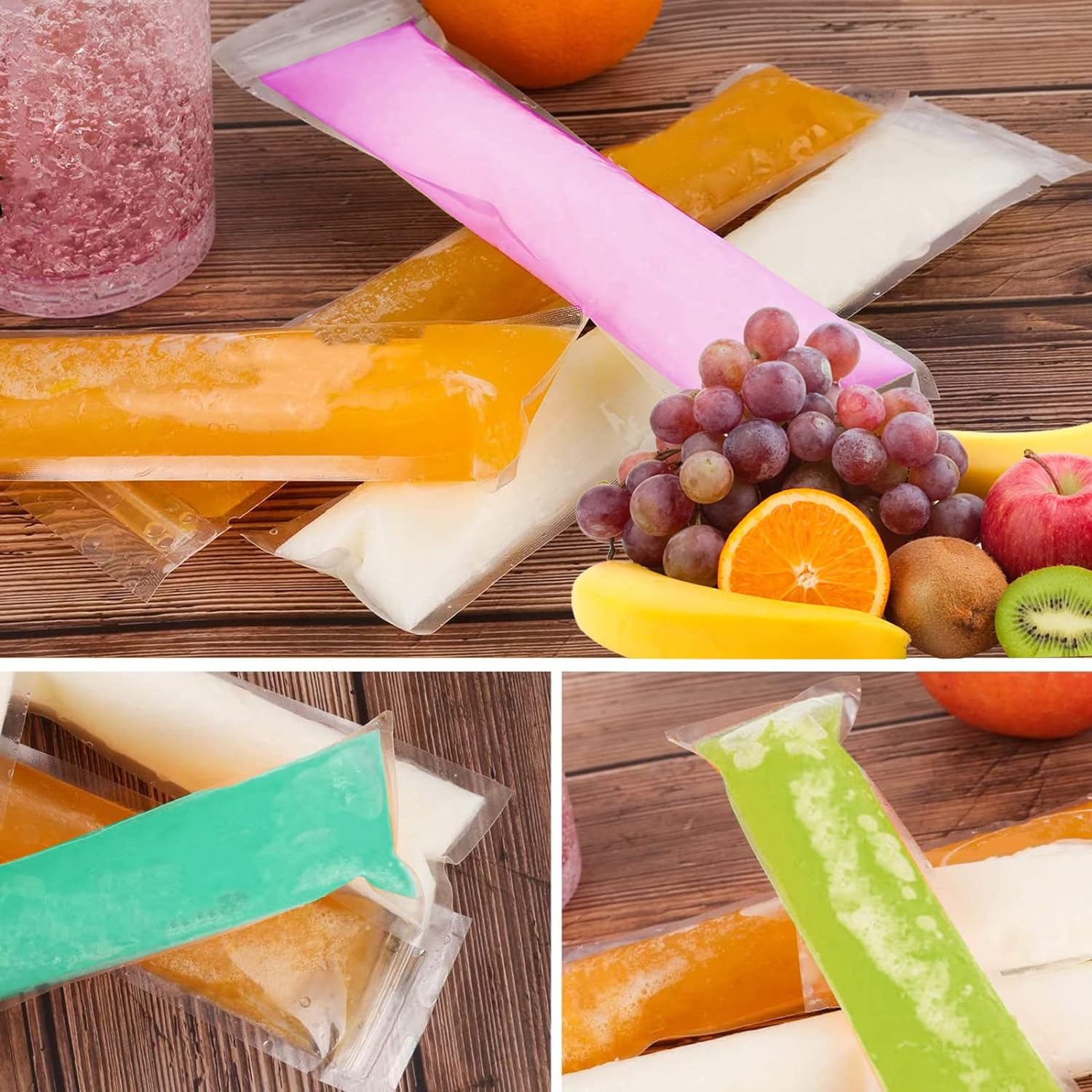 200 Pack Popsicle Bags for Disposable Freeze Pops, DIY Pouches, Yogurt Tubes, Healthy Snacks, Fruit Smoothies and Ice Party Favors with Funnel (5 X 22 Cm) image number 2