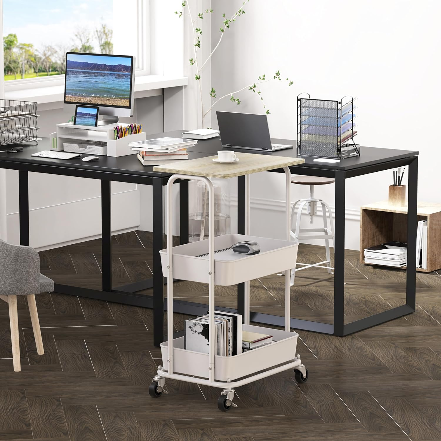 Simple Houseware 3 Tier Trolley Cart with Top Board, Metal Utility Cart, Maple image number 1