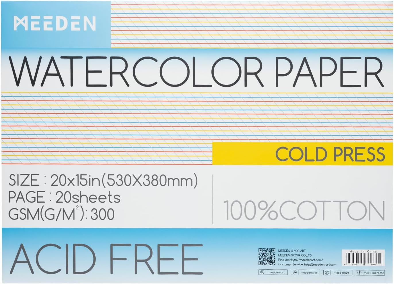 MEEDEN Watercolour Paper Block, 100% Cotton Watercolour Paper Pad of 20 Sheets, 140Lb/300Gsm, Acid-Free Art Paper for Watercolour, Gouache, Ink and More, 10" X 7" Rough Grain