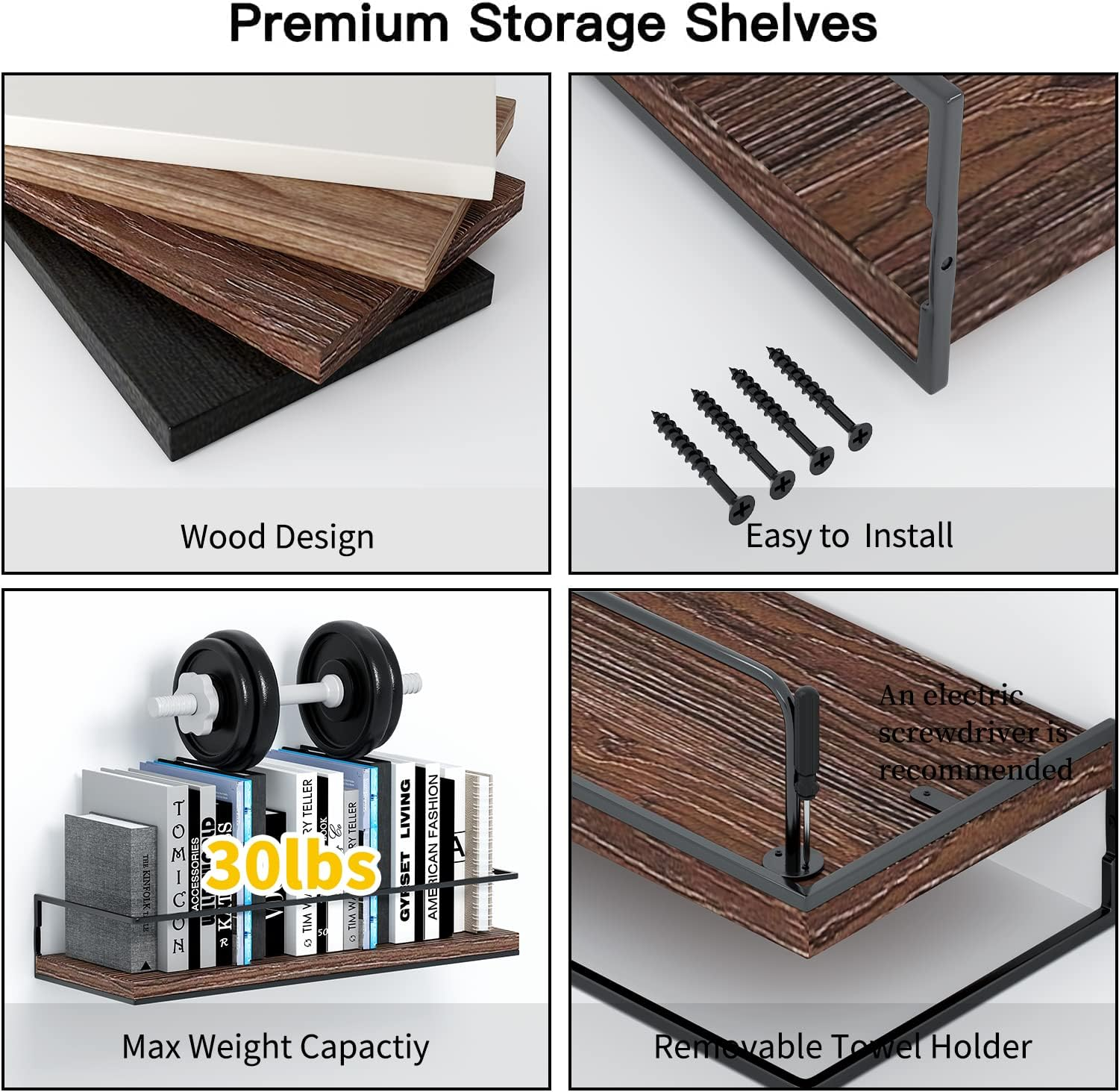 Shario Rustic Wood Floating Shelves - Set of 2, Wall Mounted Hanging Shelves with Black Towel Rack, Decorative Storage Shelves for Bathroom, Kitchen, Living Room & Bedroom (Dark Carbonized Brown) image number 1