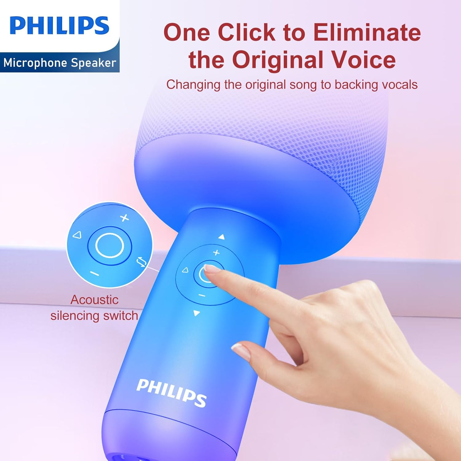 Philips 4 in 1 Karaoke Anywhere Bluetooth Handheld | Karaoke | Microphone| Portable Karaoke System with Speaker| Karaoke Machine Home KTV Player with Record Function for Phone/Tablet (Blue/Purple) - Pink image number 5