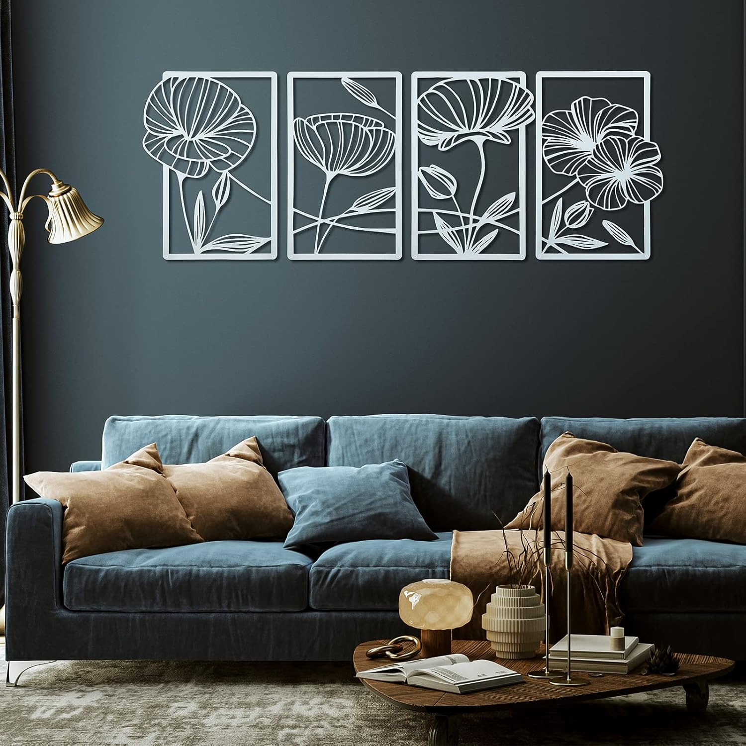 Cunno 4PCS Metal Line Art Wall Decor Living Room Metal Flower Minimalist Sculpture Modern Aesthetic Poppy Floral Minimalist Wall Hanging Bedroom Home Kitchen Bathroom 16.5X11.9'' (Black) DAY-234