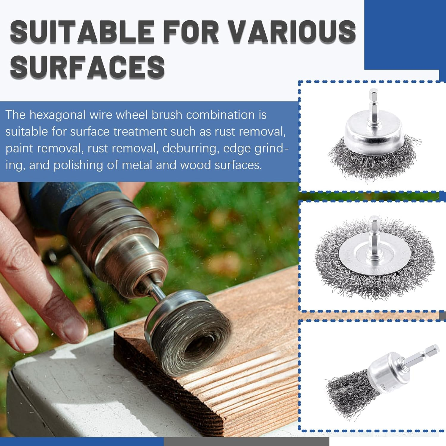 Glarks 10Pcs Wire Scratch Brush Set, Including 5Pcs Wire Wheel Cup Brushes, 3Pcs Brass/Nylon/Stainless Steel Brushes with Wood Handle Curved Grip, 2Pcs Stainless and Carbon Steel Wire Brush