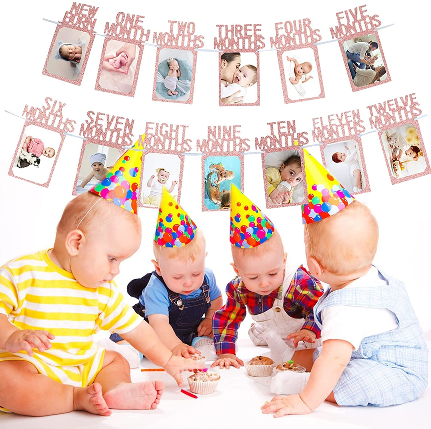 1St Birthday Photo Banner for Baby from Newborn to 12 Months, First Birthday Decorations for Girl Boy Monthly Milestones Garland (Rose Gold) image number 4