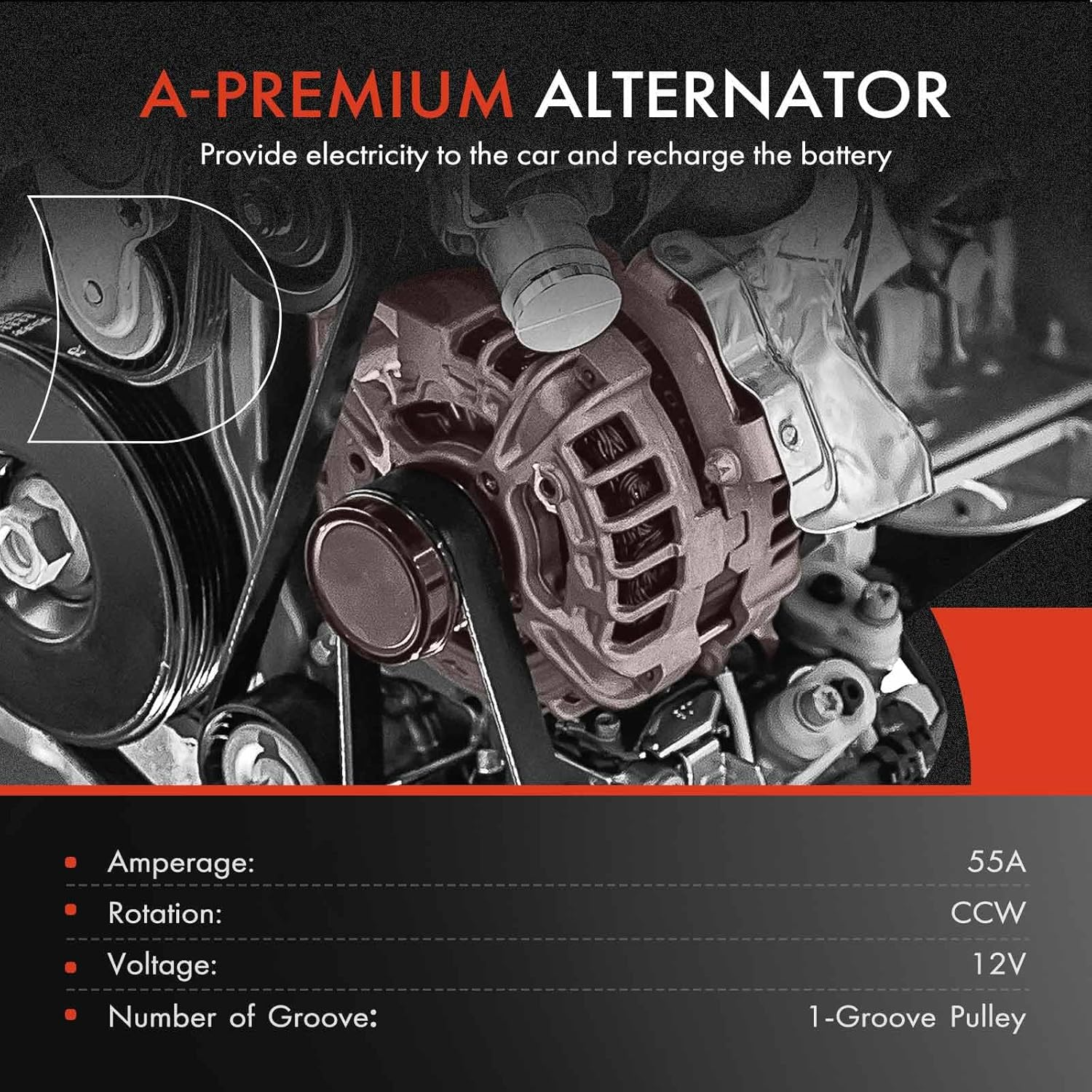 A-Premium Alternator Compatible with Bobcat 1080C, 1213, 225, 231, 2400, 3022 & Caterpillar GC35K, GC40K & Clark 2000, 440B, 543B & Mitsubishi FGC35K, FGC45K, 12V 55A 1-Groove Pulley Counterclockwise