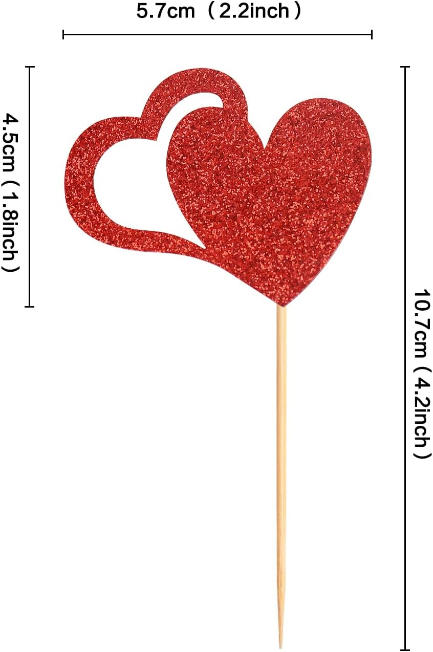 24 Pack Heart Cupcake Toppers Valentine'S Day Cupcake Picks Cute Design Love for Wedding Bridal Anniversary Baby Shower Party Birthday Decorations Supplies Red
