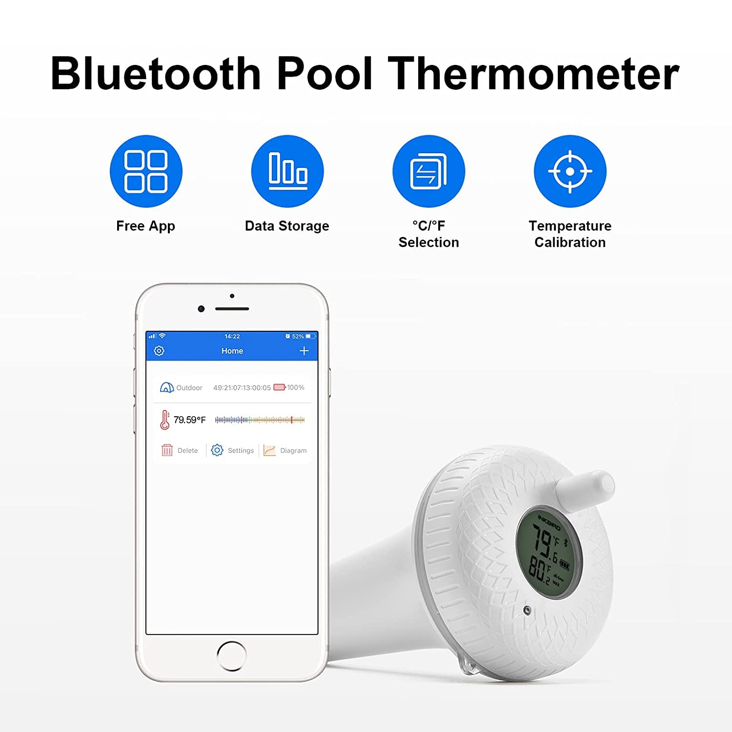 INKBIRD Bluetooth Pool Thermometer Floating IBS-P01B Easy Read Remote Pool Thermometer Temperature Meter for Outdoor Indoor Swimming Pools, Spas, Bath Water, Hot Tubs and Ponds image number 2