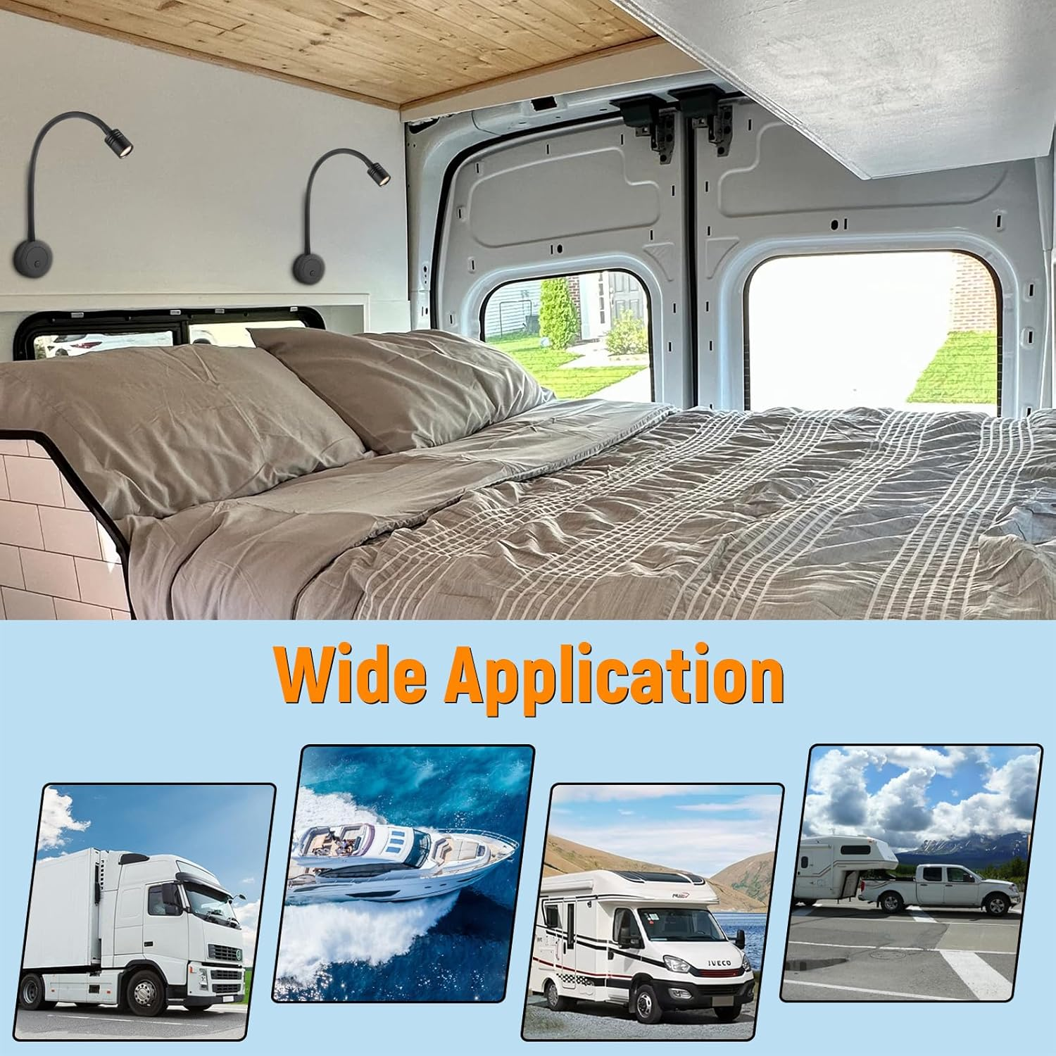 RV 12V LED Reading Light, Dimmable Bedside Reading Lamp for Caravan Boat Camper Van Travel Trailer Truck Cabin, 24V Flexible Gooseneck Spotlight with Push Switch&Usb Charger Port(Black) image number 5