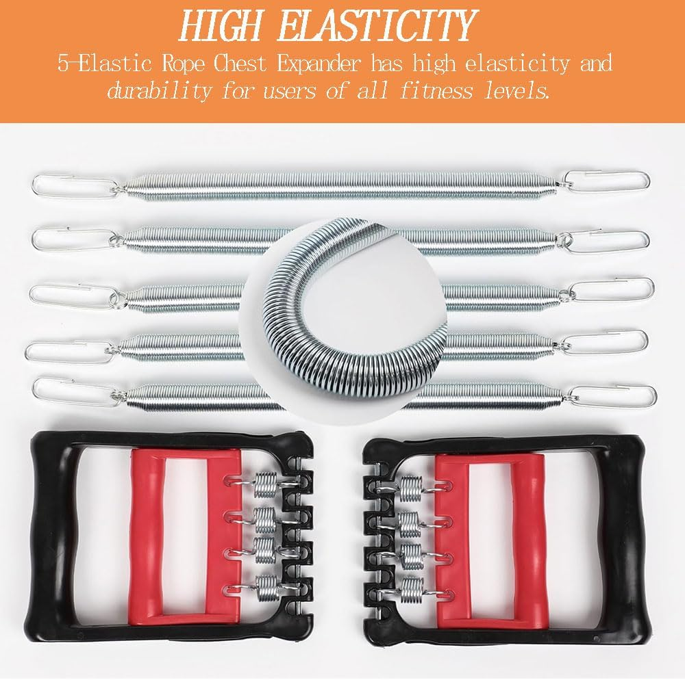 Chest Expander - Adjustable Spring Resistance Men'S Upper Body Exercise Equipment - Forearm Strengthener, Strong Puller with 5 Metal Springs - Portable Home Gym Fitness Tool (Red and Black)