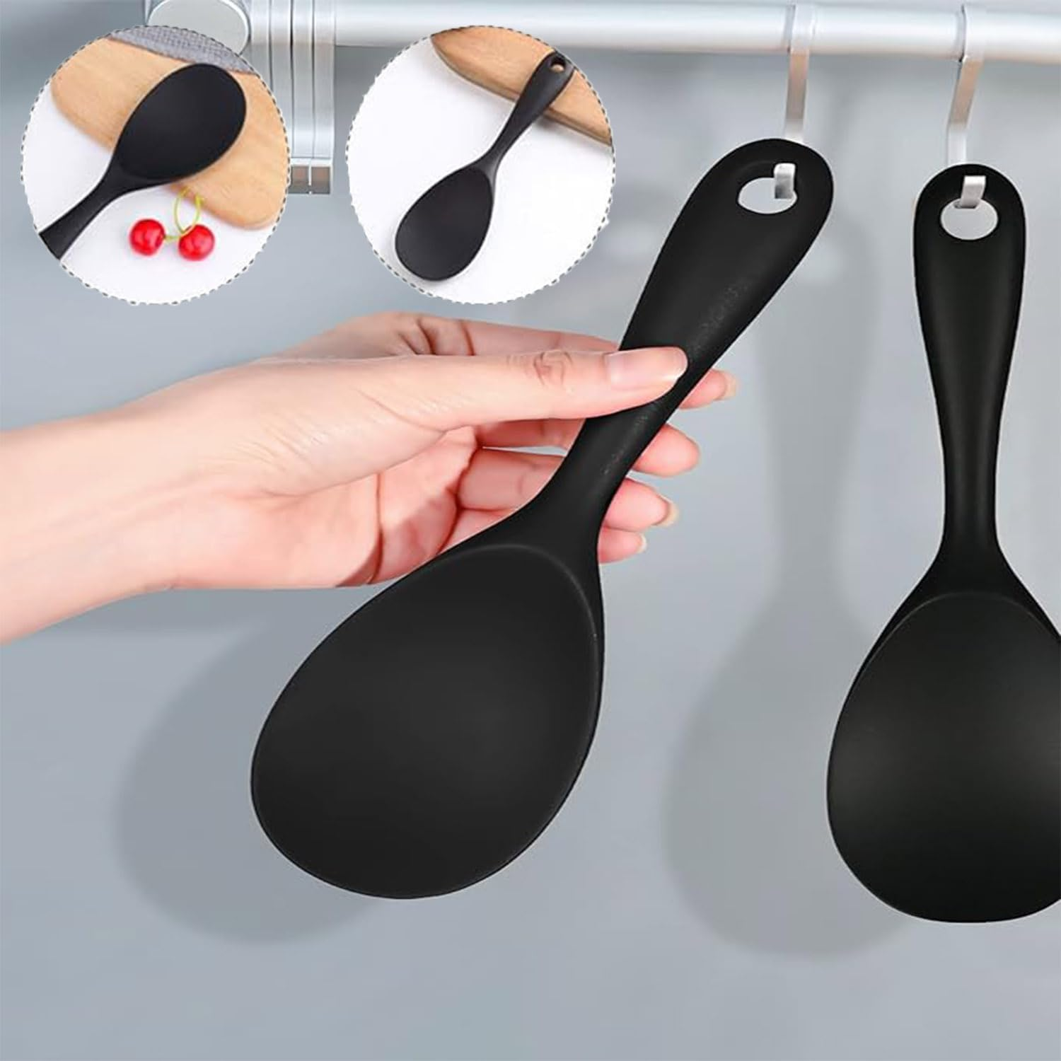 2 Pack Silicone Rice Spoons, Non Stick Heat Resistant Silicone Rice Spoons for Rice Cookers (Black) image number 1