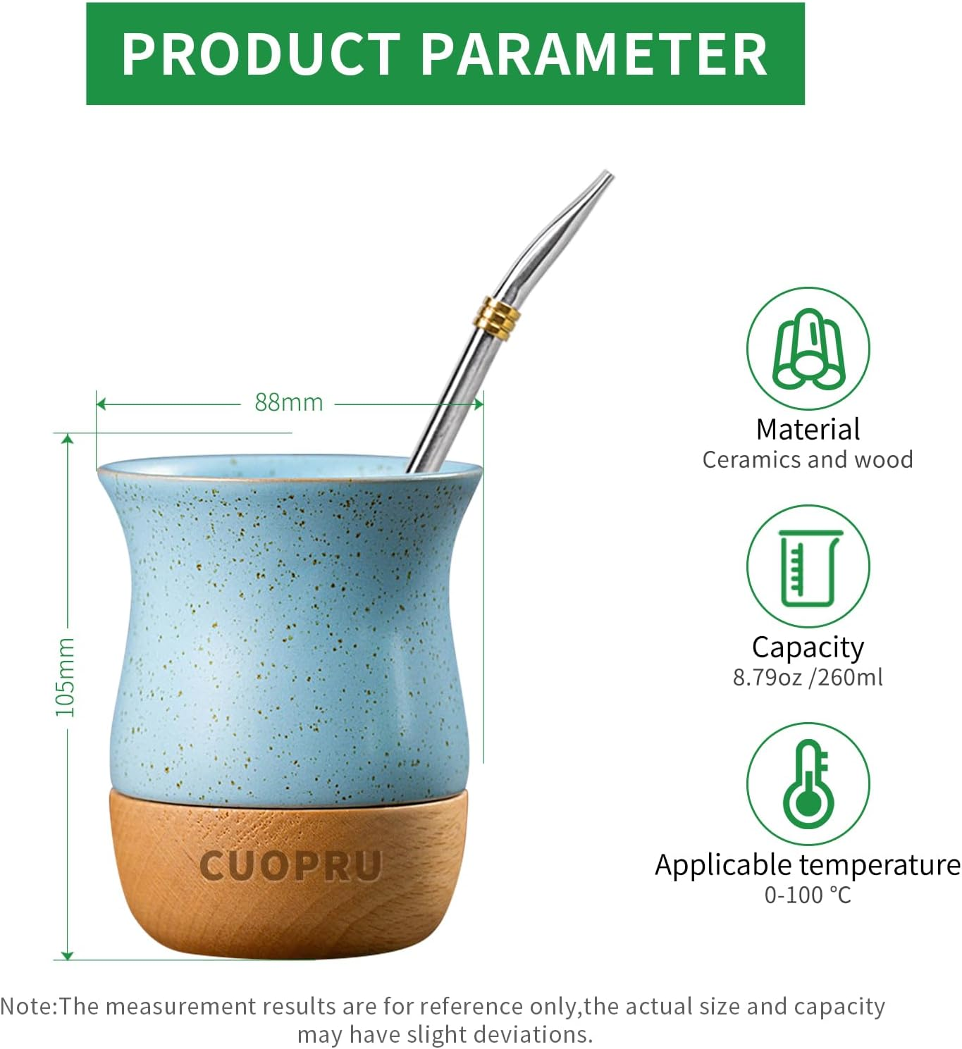 8 OZ Ceramic Yerba Mate Cup with Original Wood Base, Includes Mate Gourd, Bombilla Straw and Cleaning Brush - Perfect for Traditional Yerba Mate and Modern Style Drinking Mug (White) image number 1