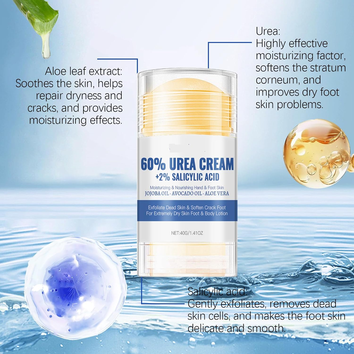 Urea Cream Stick 60 Percent + 2% Salicylic Acid,Foot Repair Cream for Dry,Cracked Heels,Deeply Moisturizing & Softening Heel Balm for All Skin Type(40 G (Pack of 1))