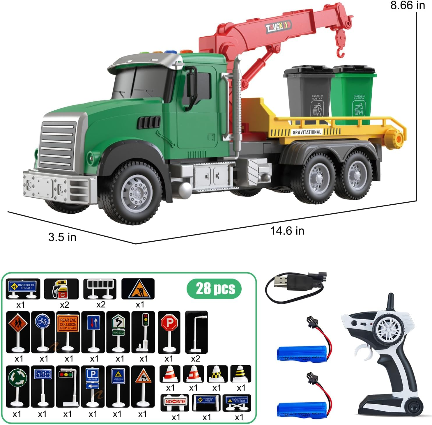 2.4Ghz Remote Control Garbage Truck Toy &ndash; RC Trash Truck with 2 Loader Trash Cans, 4 Channel Recycling Truck, Lights & Sounds, 2 Batteries, 28PCS Traffic Signs &ndash; Kids Toy for Boys Girls 6 7 8 image number 2